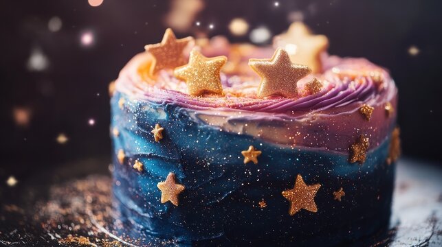A galaxy-themed cake with shimmering edible glitter and stars 