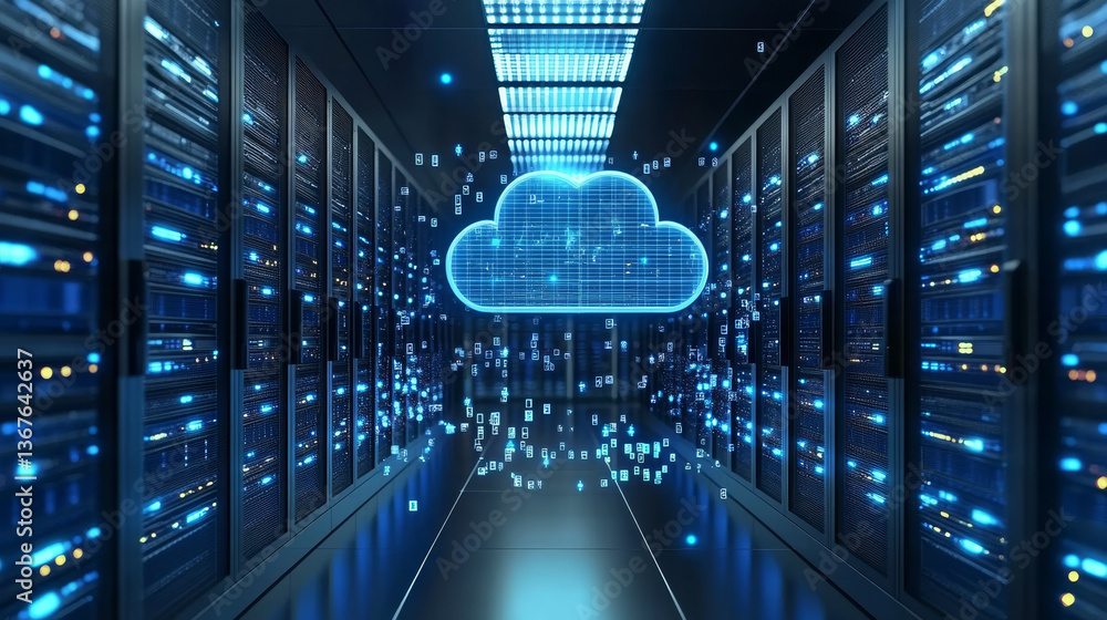 Poster isometric cloud computing concept represented by a server, with a cloud representation hologram conc