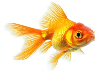 Lionhead goldfish floating, bright orange scales, soft flowing fins, isolated.