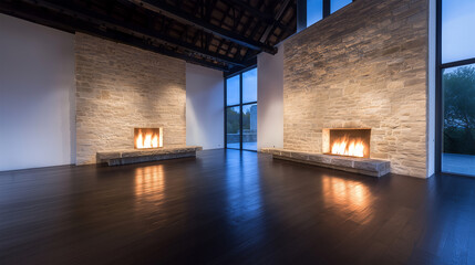 Fireplaces and Seating Bench by a Large Window