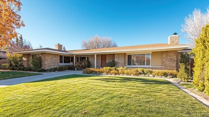 Fototapeta premium Ranch-style house with brick exterior, landscaped yard, and autumn foliage.