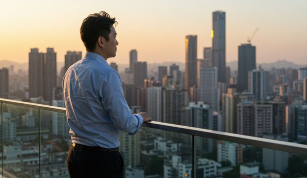 South Asian man in business attire overlooks cityscape at sunset from balcony, reflecting on growth and ambition.