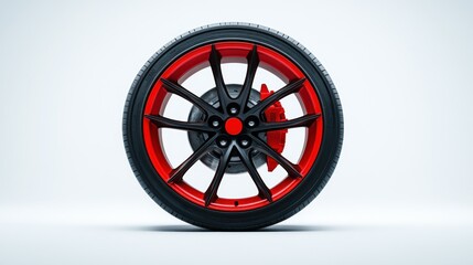 Red and black car wheel with brake caliper isolated on white background.