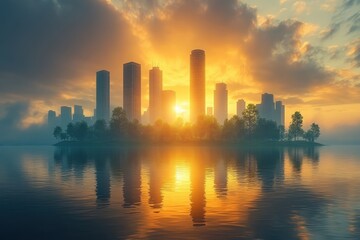 Serene sunset over a city skyline with reflections on calm waters in the early evening