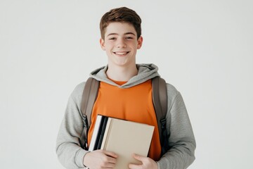 Smiling student holding books against white background