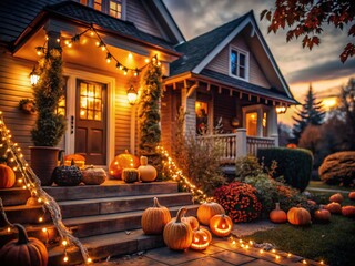 Obraz premium Halloween Night: Charming Home Decorated with Festive Lights