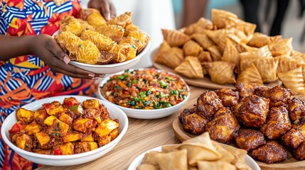 Woman serving diverse buffet food indoors