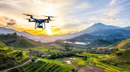 Drone photography capturing majestic landscapes at sunset in rural vietnam aerial view of nature's beauty