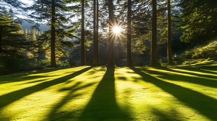 Obraz premium Sunlit Forest Path, Majestic Trees and Golden Grass