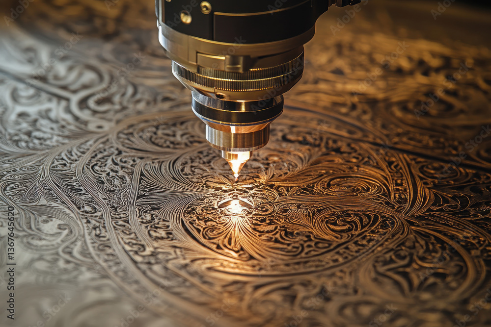 Poster a laser engraving machine creating intricate designs on a metal surface the image highlights the pre