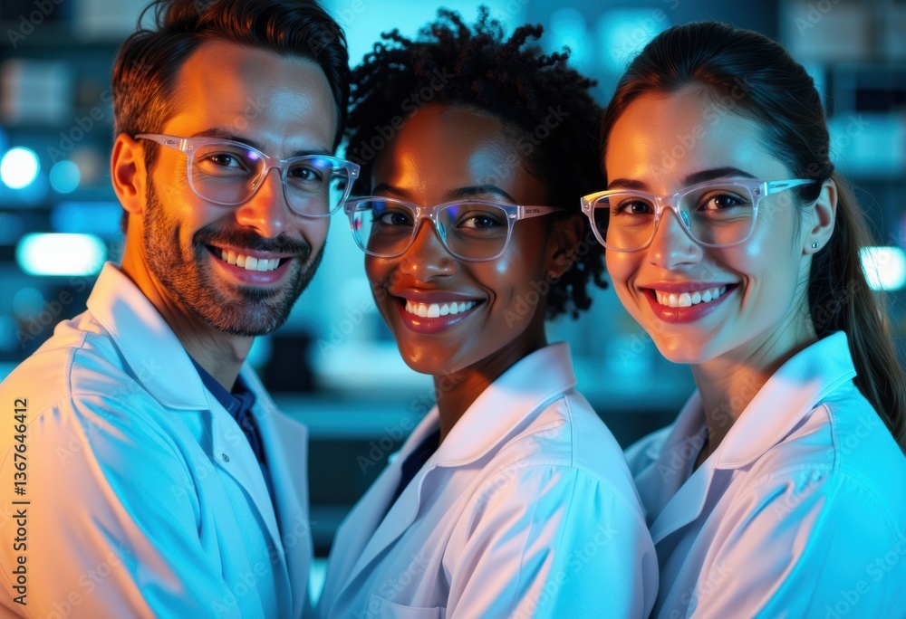 Poster three smiling scientists in lab coats pose together in a modern laboratory