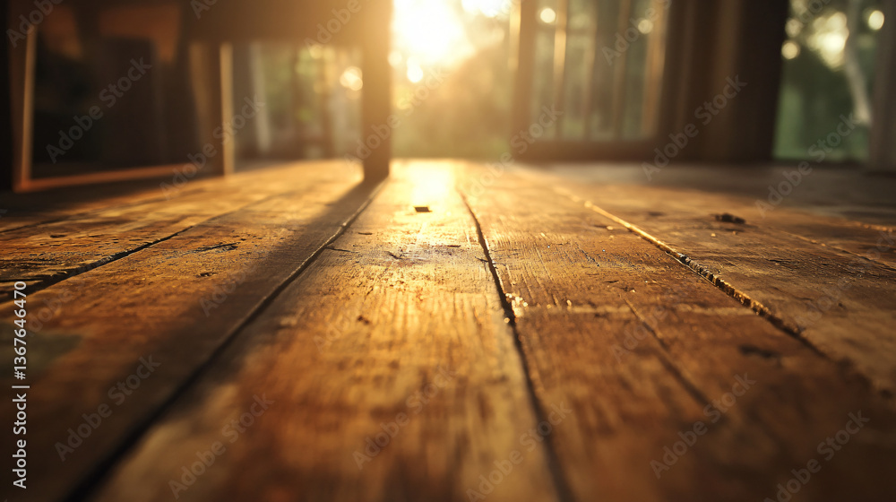 Poster wooden table illuminated by sunlight streaming through a window creating a warm atmosphere and highl