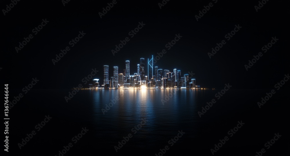 Poster the skyline features a hologram projection of a blue skyscraper building set against a plain black b