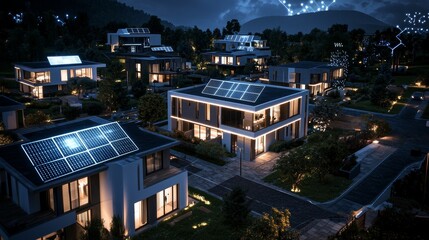 A futuristic solar-powered smart home, featuring interconnected digital interfaces and advanced lighting, is part of a modern, eco-friendly neighborhood, revealed at dusk