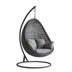 Modern dark grey synthetic wicker swing chair with black metal stand, suspended, isolated on a seamless light grey background, high-detail product shot.