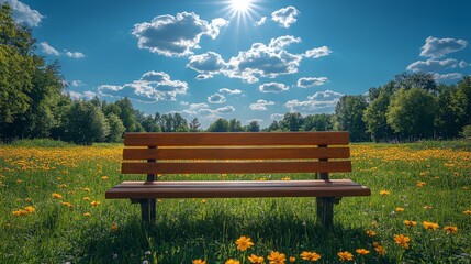 Serene Summer Day: Wooden Bench in a Sunny Meadow