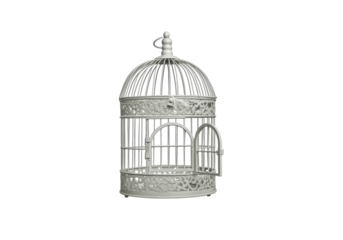A floating birdcage with an open door, isolated on a solid white background.