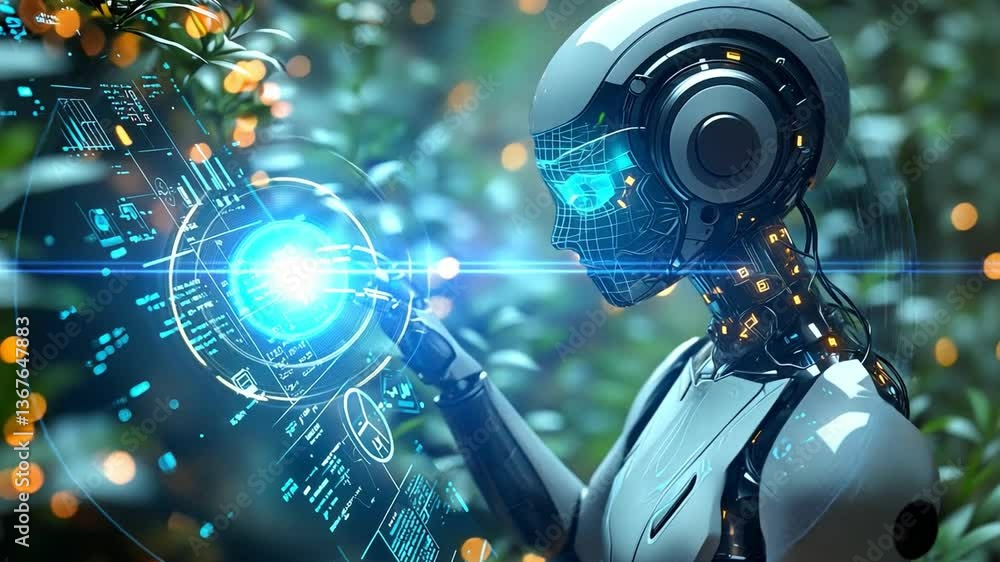 Poster futuristic robot interaction with holographic technology amidst greenery showcases advanced artifici