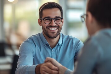 Colleagues shaking hands, happy meeting in office