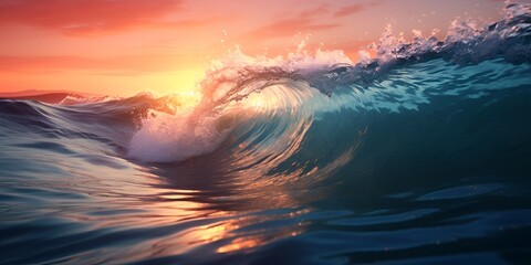 Obraz premium A wave in the ocean with a sunset sky in background, creating an atmosphere of tranquility and beauty.