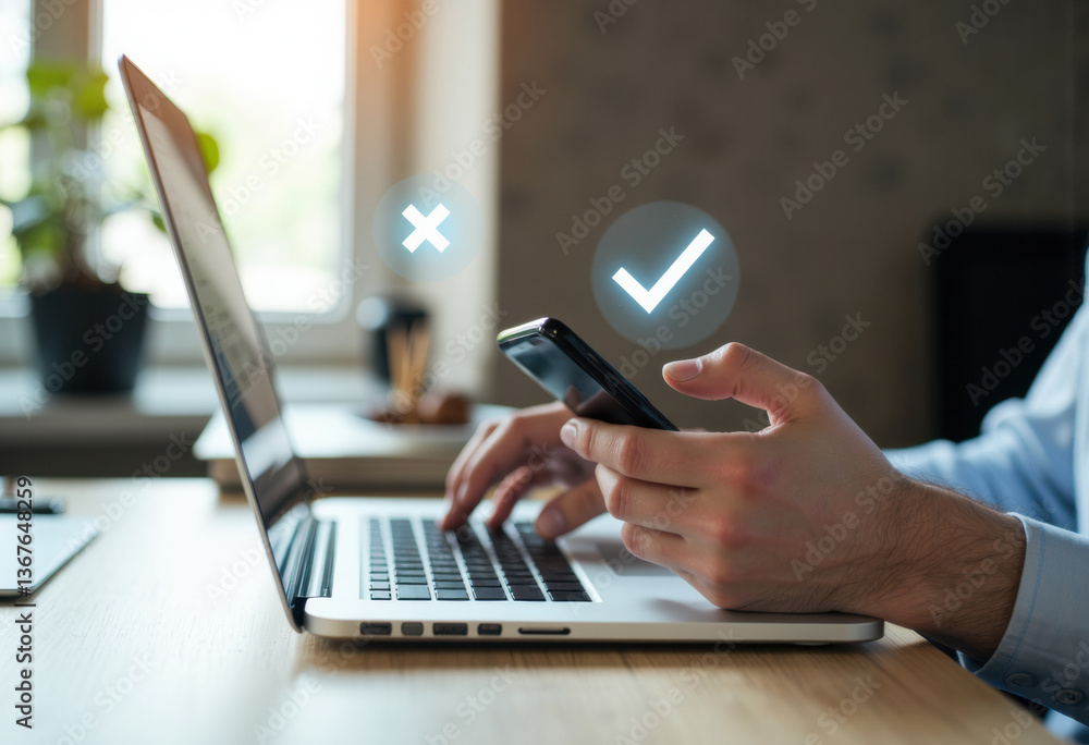 Aufkleber a person using a smartphone while working on a laptop at a desk