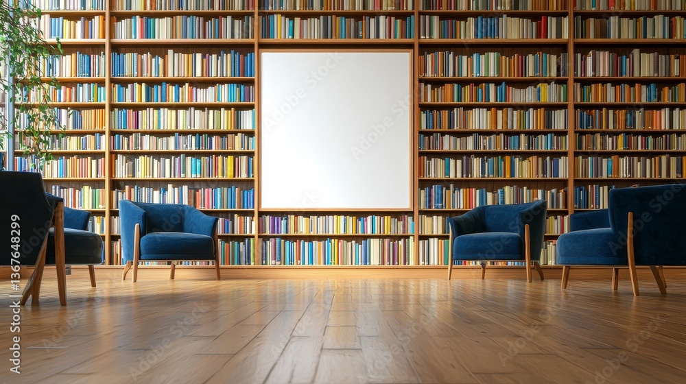 Poster image of a contemporary library's interior with a blank poster template for adding custom text or gr