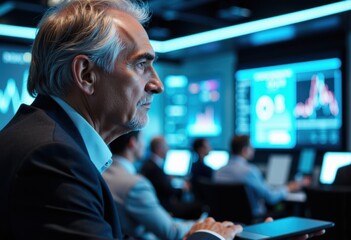 Businessman analyzing data in a modern office with digital screens