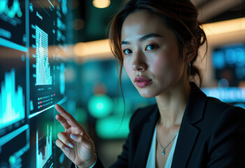 Businesswoman analyzing data on a digital screen in a modern office