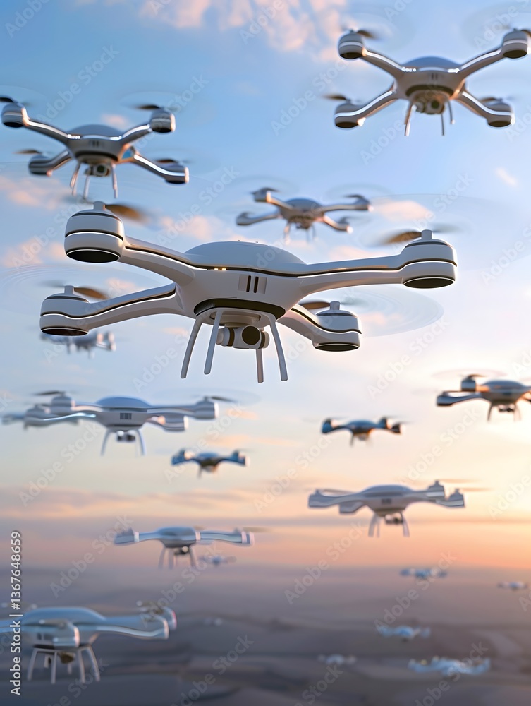 Poster ai powered drone swarm flying in a sleek and futuristic formation hovering against a minimalistic su
