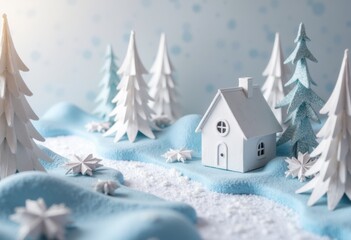 A charming winter scene featuring a white house surrounded by snowy trees