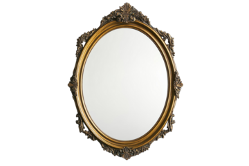 Elegant vintage mirror with ornate gold frame hanging on a minimalist white wall isolated on transparent background