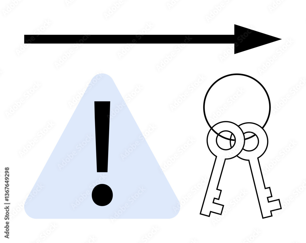 Poster arrow pointing forward, triangle warning sign with exclamation mark, and two keys. ideal for securit