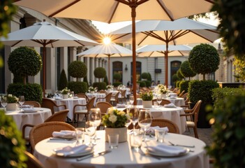 Elegant outdoor dining setup with sunlit umbrellas and lush greenery