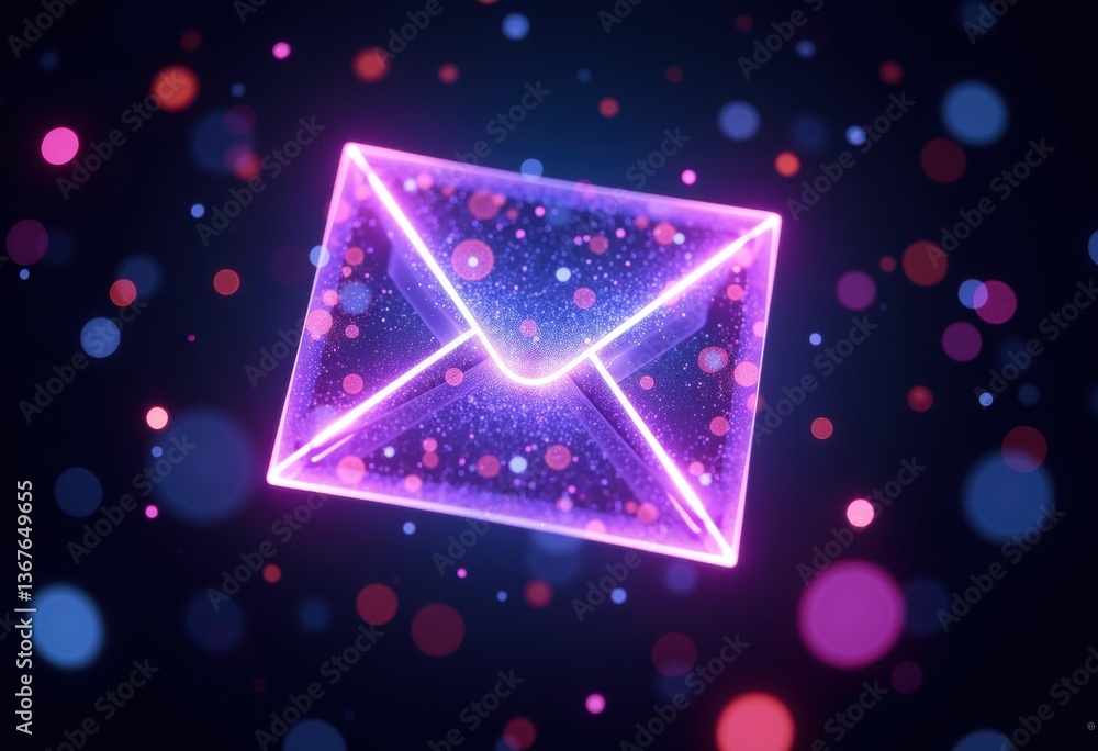 Poster a glowing envelope surrounded by colorful bokeh lights in a dark background