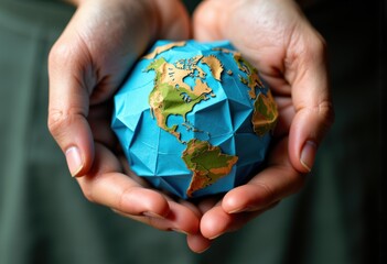 Hands holding a paper globe representing Earth in vibrant colors