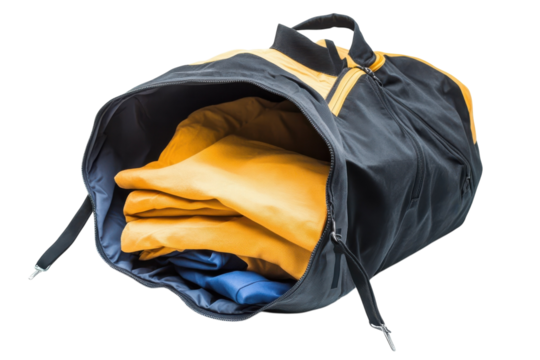 A stylish black and orange duffel bag filled with neatly folded colorful clothing items isolated on transparent background