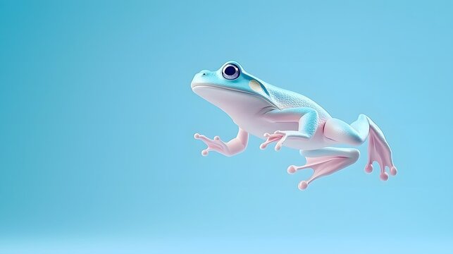 Animated 3D frog character happily jumping from one bright flashcard to another teaching kids different verbs through energetic and interactive physical movement