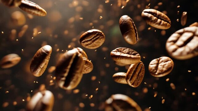 Dynamic Coffee Beans Floating in Air with Particles, Aromatic Coffee Concept