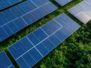 Solar panels are situated at a power station, set against a green energy technology background