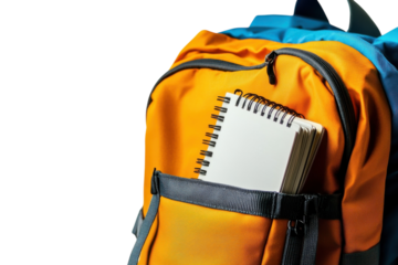 A vibrant orange and blue backpack with a spiral notebook peeking out, ready for adventure or study isolated on transparent background