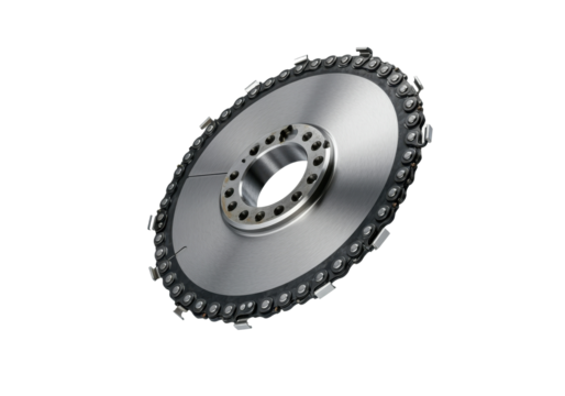 A floating industrial-grade chainsaw blade, isolated on a solid white background.