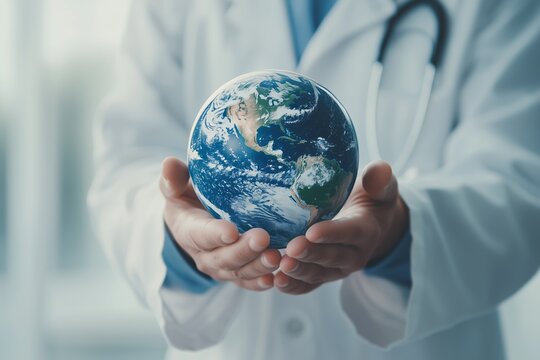 A doctor gently holds a model of Earth, symbolizing global health, care, and responsibility for the planet's well-being.