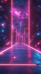 Vibrant cosmic pathway illuminated with neon lights in a dark galaxy filled with stars and nebulae Generative AI