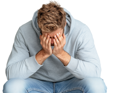 Verzweifelter junger Mann sitzt mit gesenktem Kopf PNG mit transparentem Hintergrund

