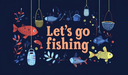 Fototapeta premium Colorful Illustrated Fishing Invitation with Fish and Gear on Navy Background