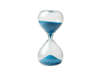 A floating miniature hourglass filled with blue sand, isolated on a solid white background.