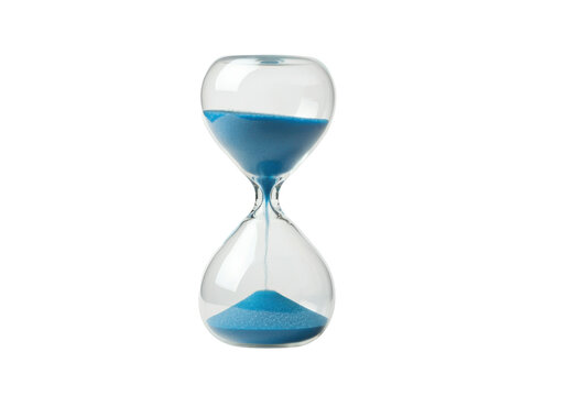 A floating miniature hourglass filled with blue sand, isolated on a solid white background.