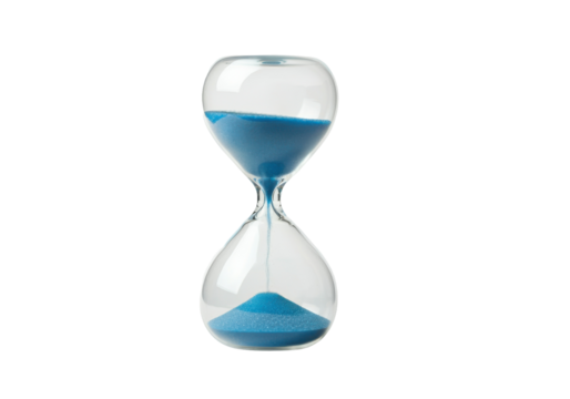 A floating miniature hourglass filled with blue sand, isolated on a solid white background.