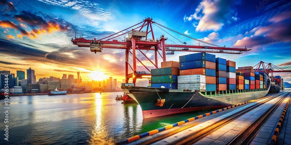 Poster harbor cargo loading: shipping containers on dock, ample copy space
