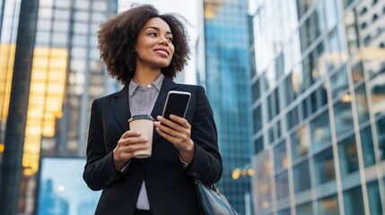 Fototapeta premium Professional woman in business attire holding a smartphone and a takeaway coffee cup, standing outdoors in an urban setting